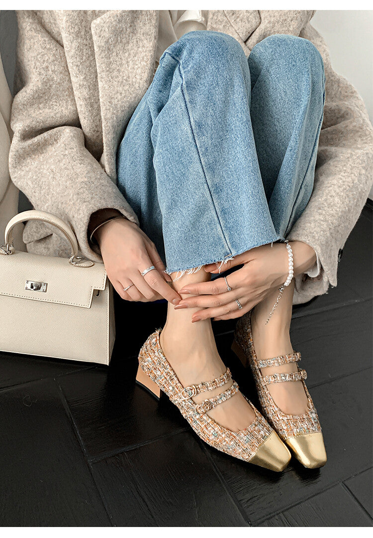 Karin Luna Classic Chanel Style~ Tweed Spring Limit Square Toe Chunky Heel Mary Jane Strap Single Shoes