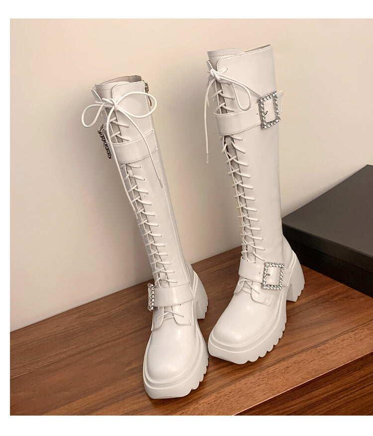 Karin Luna In Stock Spot Goods Bestselling Extended Version Rhinestone Square Buckle Thick Sole Lace-up Thick Sole Full Cowhide Knight Boots