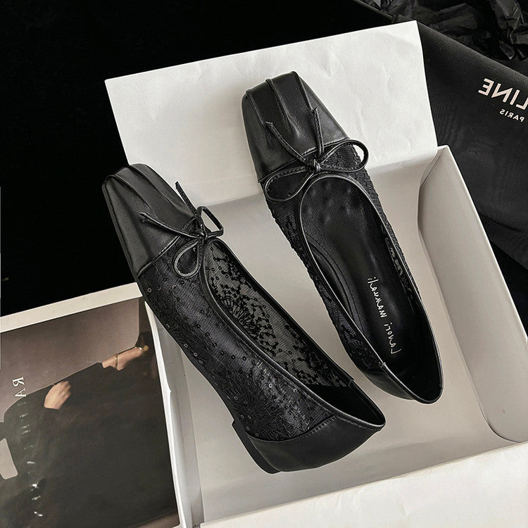 Karin Luna In Stock In Stock  Wrinkled Square Toe Patchwork Breathable Mesh Bow Granny Shoes
