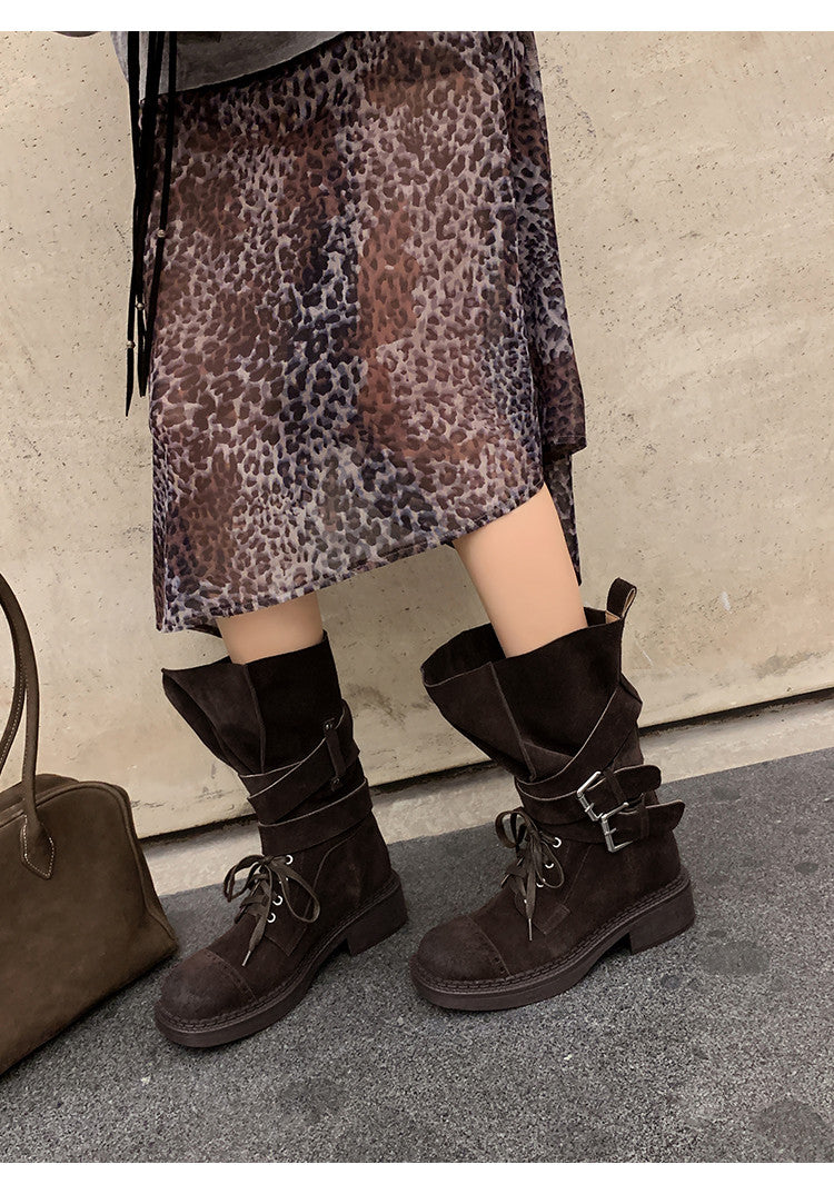 Karin Luna Bestseller Hot-Selling Large Tube Leather Belt Buckle Round Toe Thick-Soled Short Boots