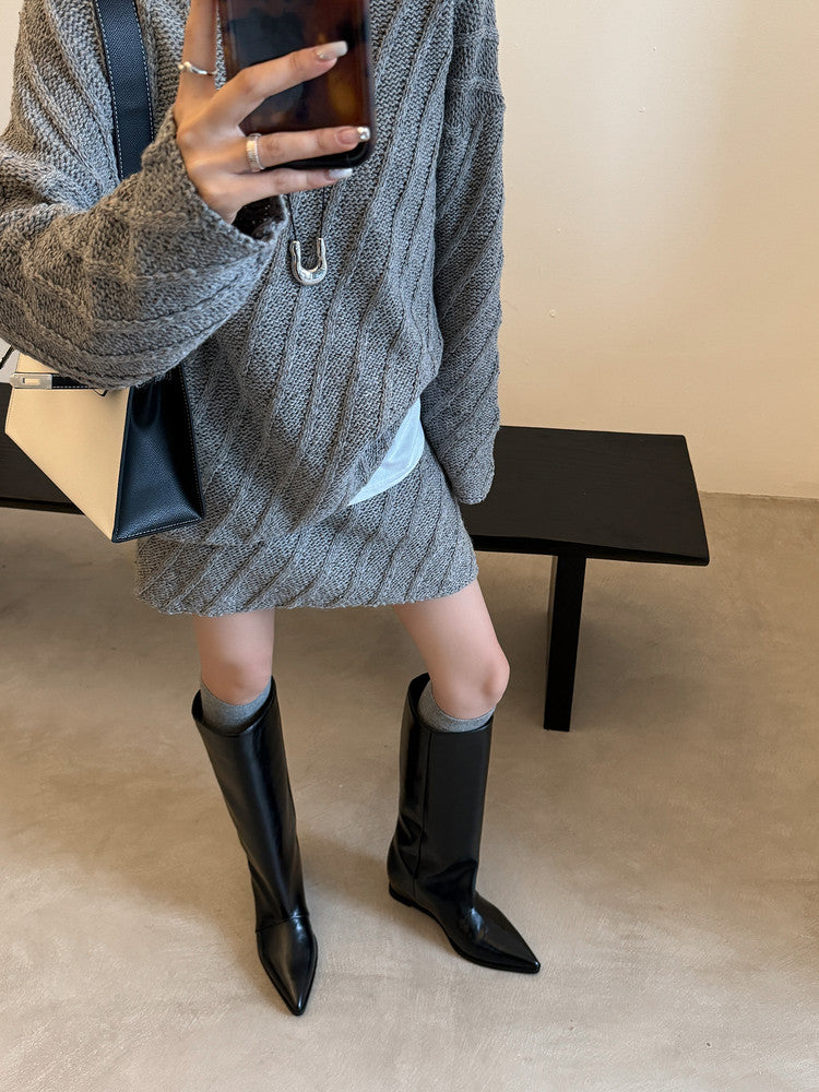 Karin Luna Elegant Style Pointed Toe Internal Height Increase Slip-On Long Boots