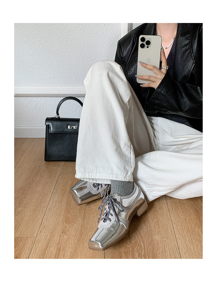 Karin Luna In Stock Spot Goods   Pig Nose Thin Strap Square Toe Patchwork Single Shoes
