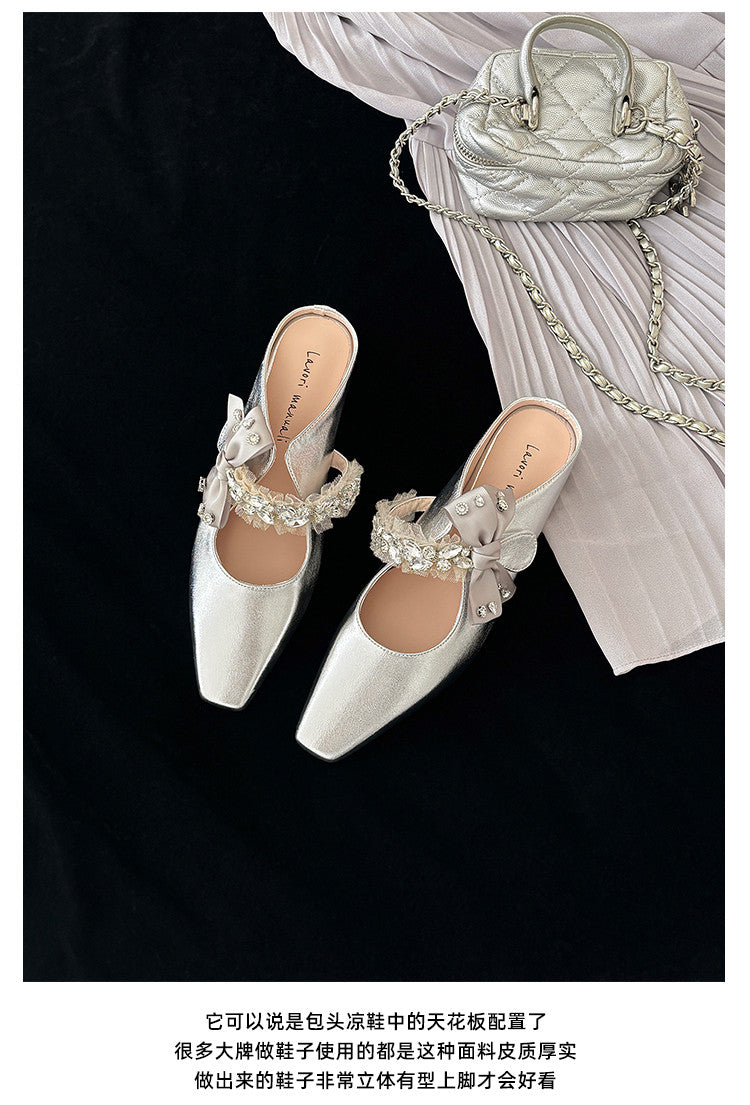 Karin Luna Handmade One-Strap Rhinestone Ribbon Square-Toe Mules