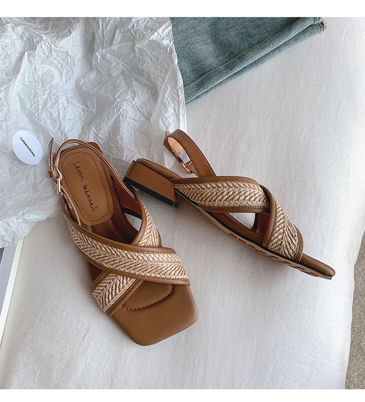 Karin Luna In Stock  Spot Goods Woven Style  Cross-strap Vacation Style Flat Sandals