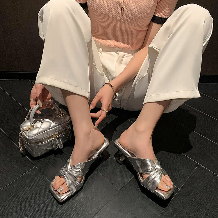 Karin Luna In Stock Spot Goods   Absolutely amazing4Color Cross Strap Thick Heel Square Toe Soft Slippers