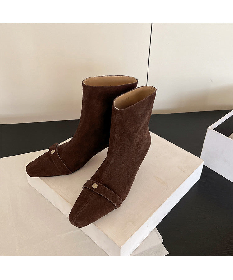 Karin Luna Elegant Style Small Square Toe Belt Buckle Thin Heel Short Boots