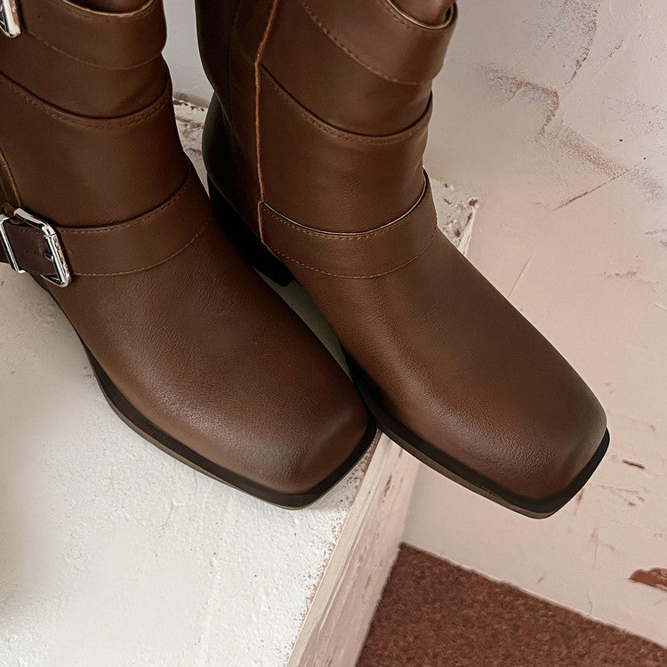 Karin Luna In Stock In Stock European and American Style Square Toe Thick Sole Belt Buckle Long Boots