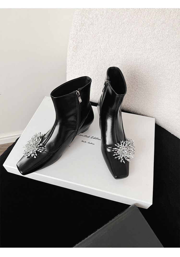 Karin Luna Elegant Style Square Toe Flower Design Height Increasing Short Boots with Two Front and Back Options