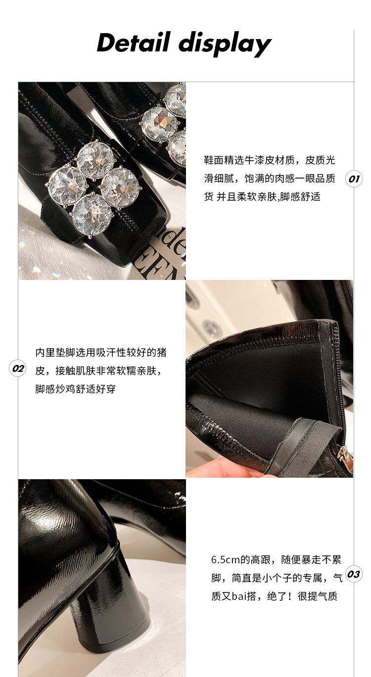 Karin Luna In Stock  Elegant Style Square Toe Rhinestone Chunky Heel Ankle Boots