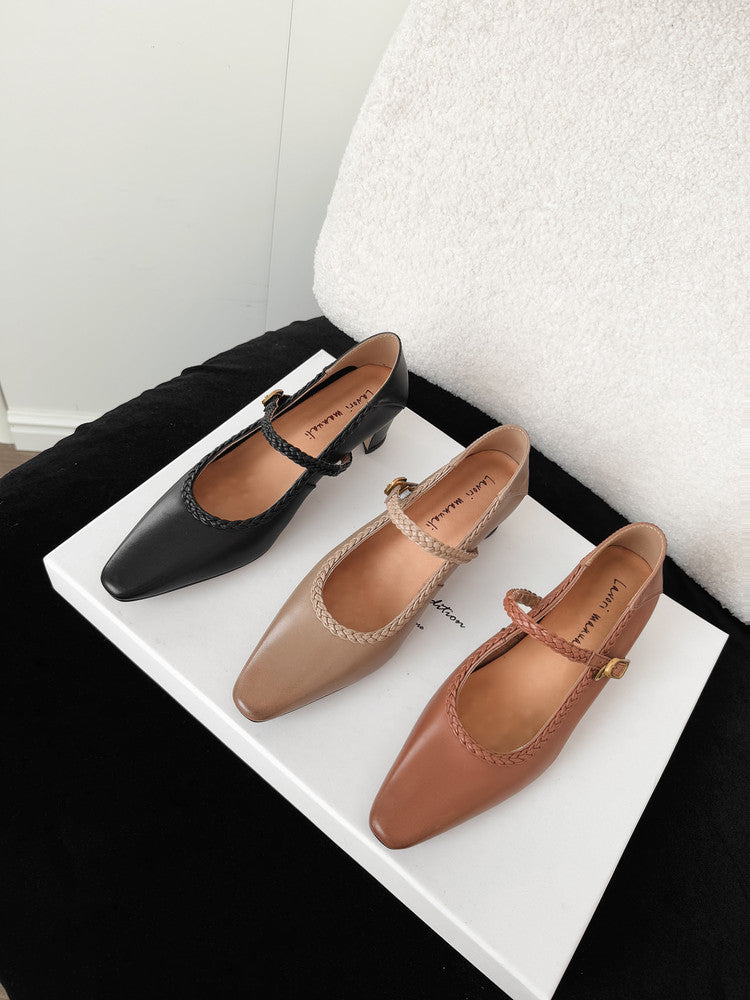 Karin Luna Braided Element Design Chunky Heel Square Toe Single Strap Shoes