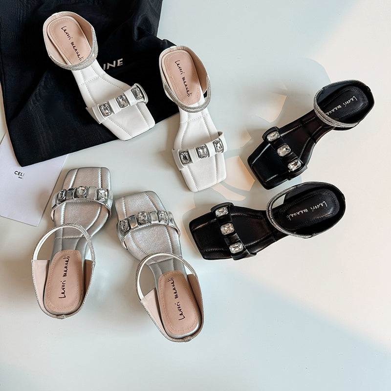 Karin Luna Bestseller Popular Rhinestone Ribbon Square Toe Slippers