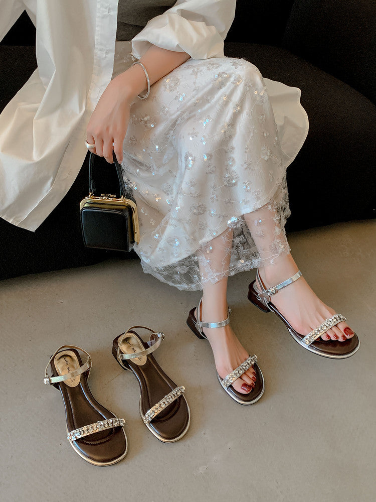 Karin Luna In Stock In Stock  Rhinestone Strap Round Toe Chunky Heel Sandals