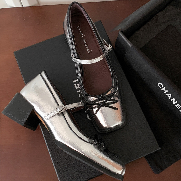 Karin Luna In Stock Spot Goods   One-strap Bowknot Square Toe Chunky Heel Mary Jane Shoes