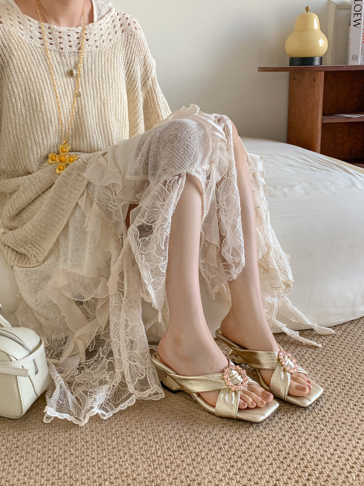 Karin Luna In Stock In Stock Elegant Square-Toe Cross-Strap Rhinestone Square-Toe Slippers