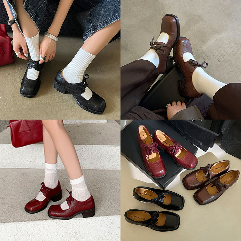 Karin Luna In Stock Spot Goods   Full leather inside and out Vegetable Tanned Hand-Grabbed Sheepskin Square-Toed Chunky Heel Single Shoes