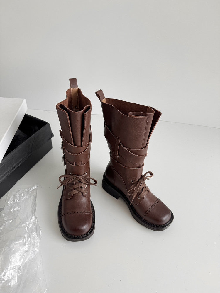 Karin Luna Bestseller Hot-Selling Large Tube Leather Belt Buckle Round Toe Thick-Soled Short Boots
