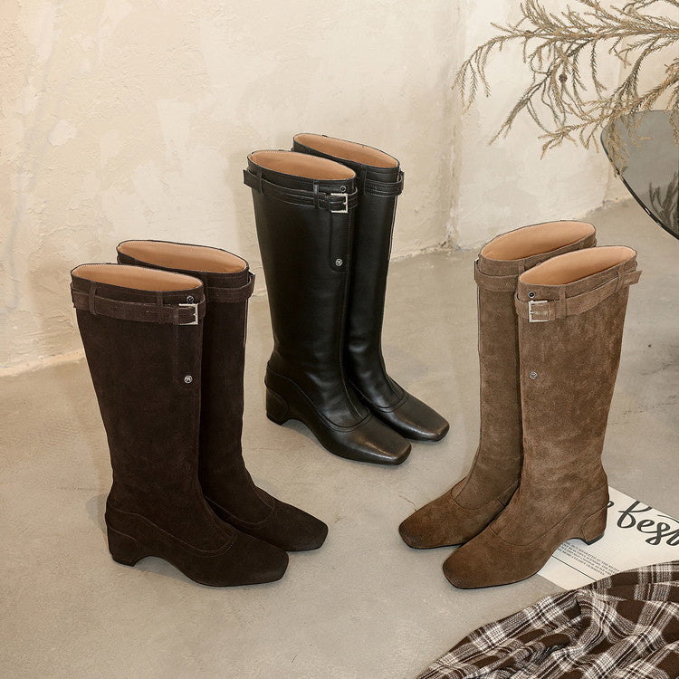 Karin Luna Belt Buckle Elegant Chunky Heel Suede Western Boots