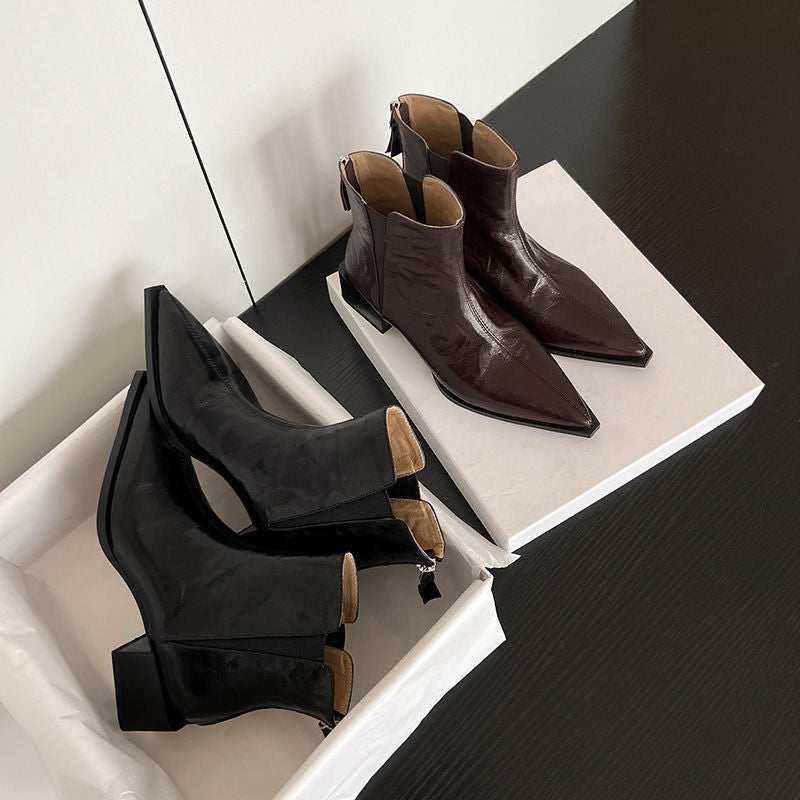 Karin Luna In Stock Spot Goods Elegant Stretch Fabric Patchwork Pointed Toe Chunky Heel Short Boots