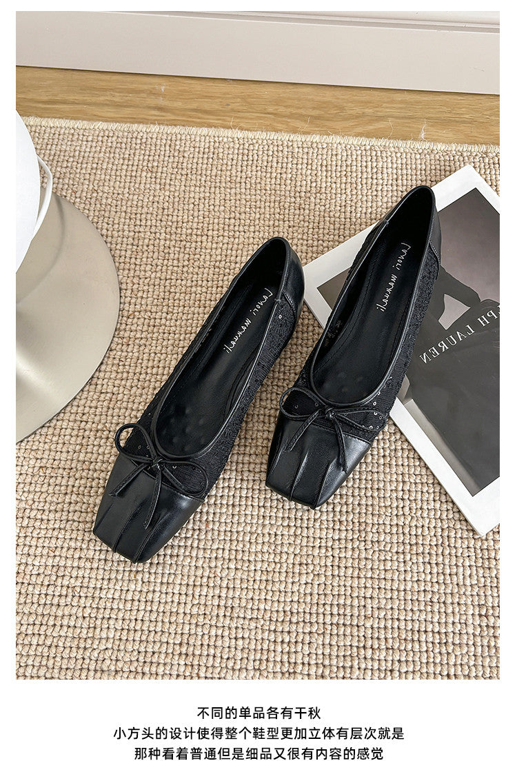 Karin Luna In Stock In Stock  Wrinkled Square Toe Patchwork Breathable Mesh Bow Granny Shoes
