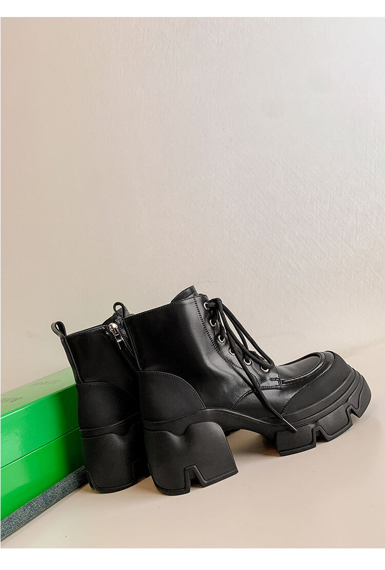 Karin Luna Casual Thick Sole Full Cowhide Lace-up Thick-soled Short Boots   Classic All-Matching