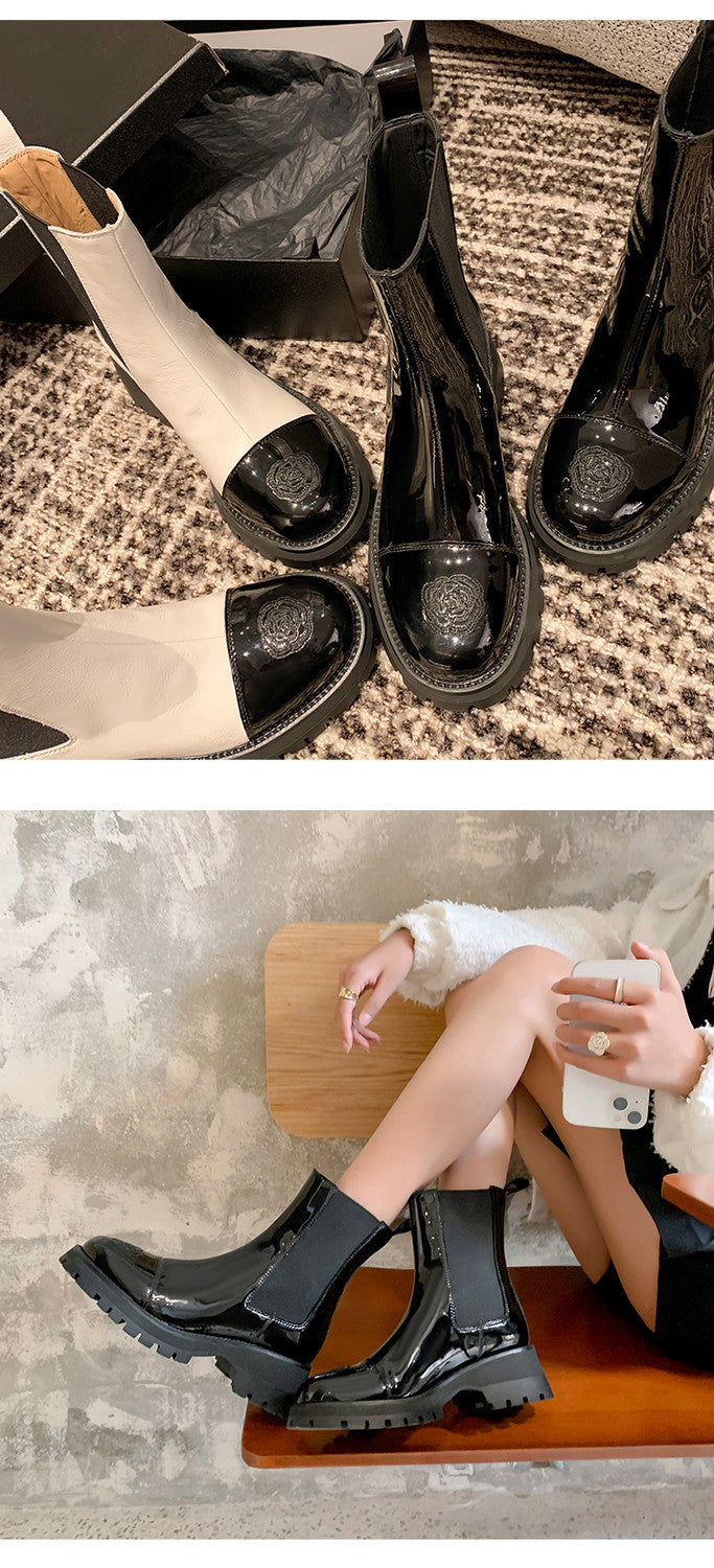 Karin Luna In Stock Spot Goods  Classic Embroidered Camellia Round Toe Thick Sole Chelsea Boots