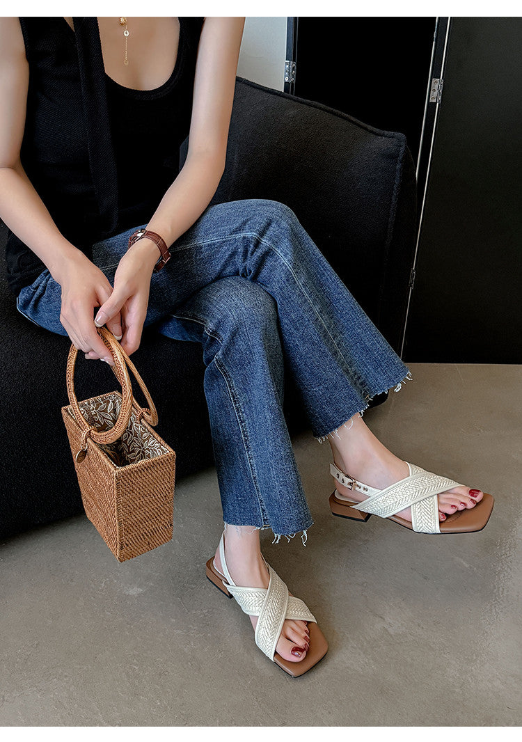 Karin Luna In Stock  Spot Goods Woven Style  Cross-strap Vacation Style Flat Sandals