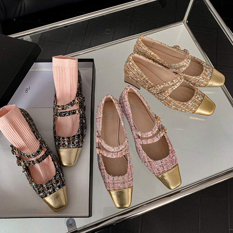 Karin Luna Classic Chanel Style~ Tweed Spring Limit Square Toe Chunky Heel Mary Jane Strap Single Shoes
