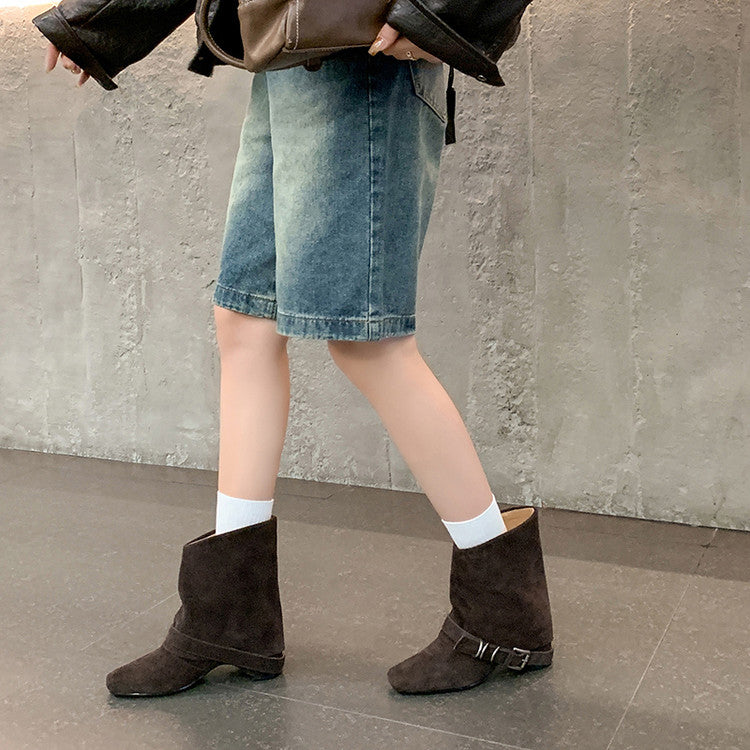 Karin Luna Data Hot Item Square Toe Hidden Wedge Belt Buckle Suede Ankle Boots
