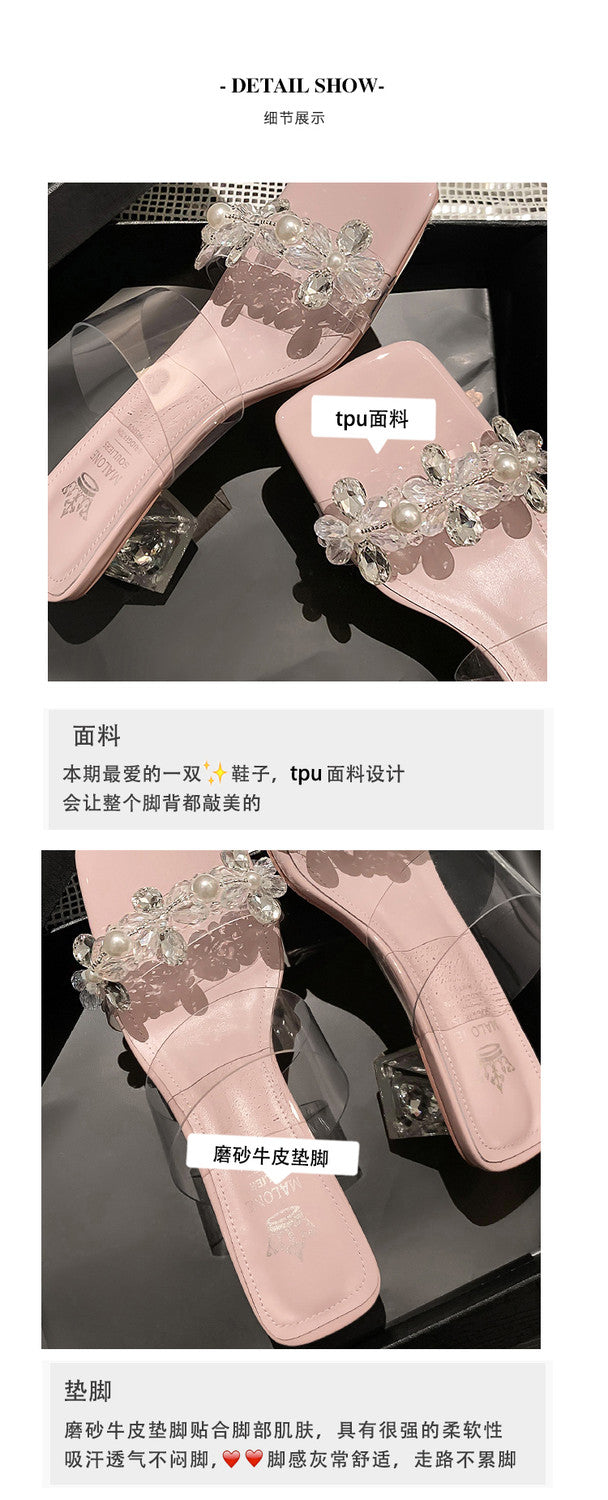 Karin Luna In Stock Spot Goods  Always in stock Square Toe Sweet Rhinestone Crystal Heel Slippers