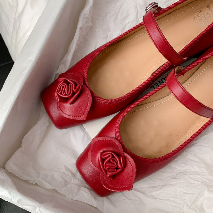 Karin Luna In Stock Spot Goods  Vintage Three-Dimensional Camellia Square-Toed Mary Jane Shoes