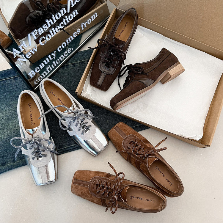 Karin Luna In Stock Spot Goods   Pig Nose Thin Strap Square Toe Patchwork Single Shoes