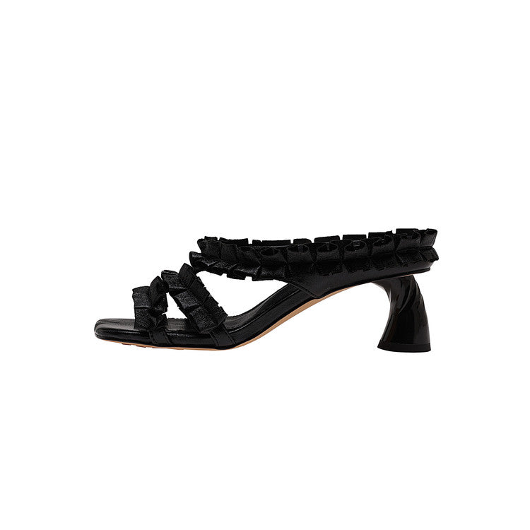 Karin Luna In Stock  Spot Goods  Unique Square-Toe Pleated Lace Sandals