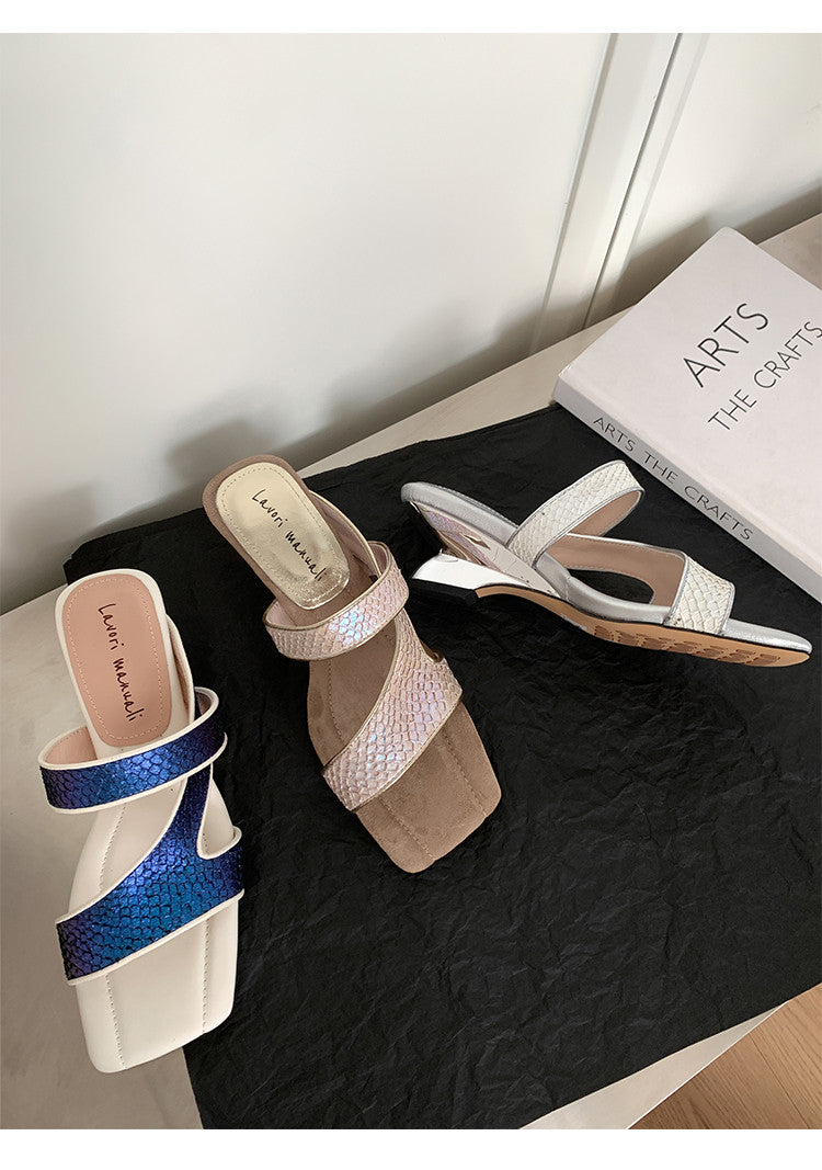 Karin Luna Fish Skin Series~Minimalist Square Toe Popular Irregular Heel Slippers