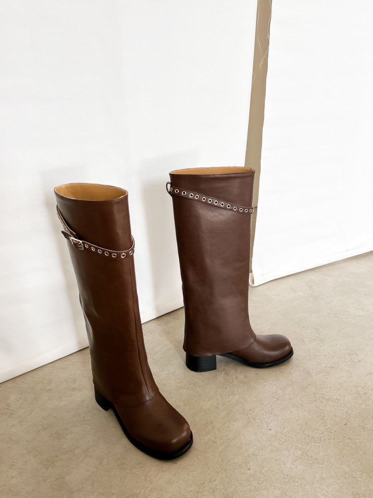 Karin Luna In Stock Spot Goods Belt Buckle Color-Washed Casual Thick-Soled Bootcut Pants Boots