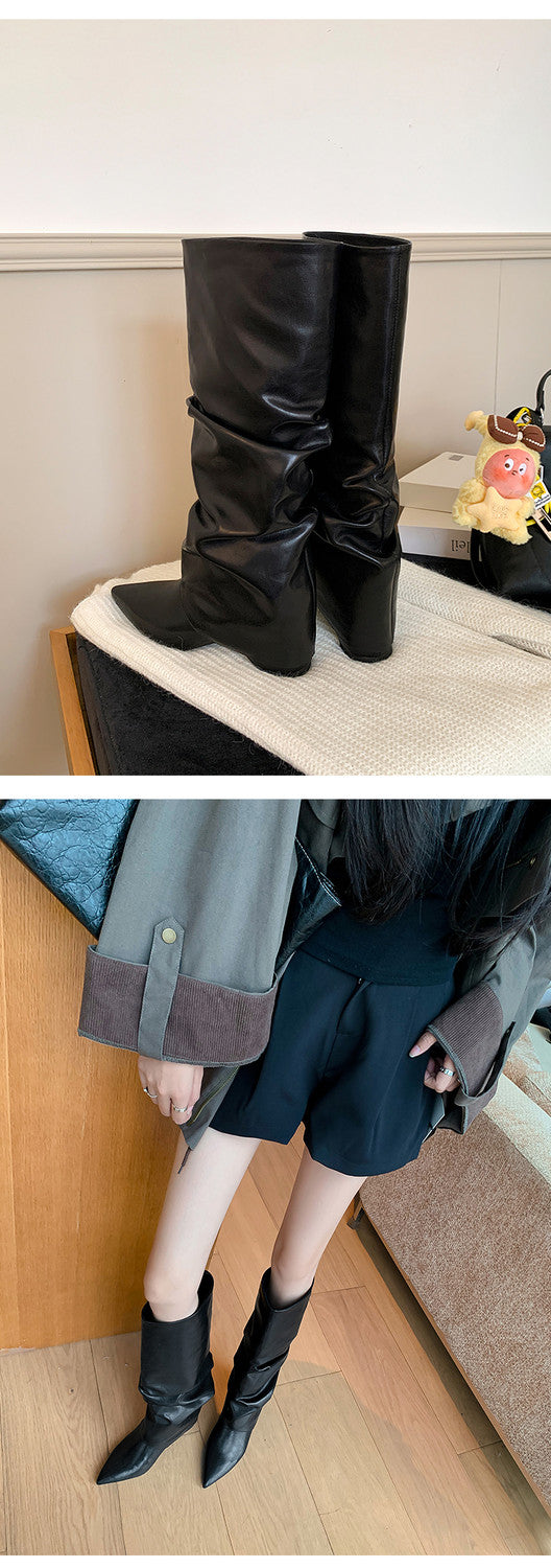 Karin Luna Elegant Style Pointed Toe Hidden Wedge Long Boots