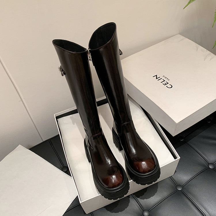Karin Luna In Stock In Stock  Round Toe Thick Sole Belt Buckle Side Zipper Knight Boots