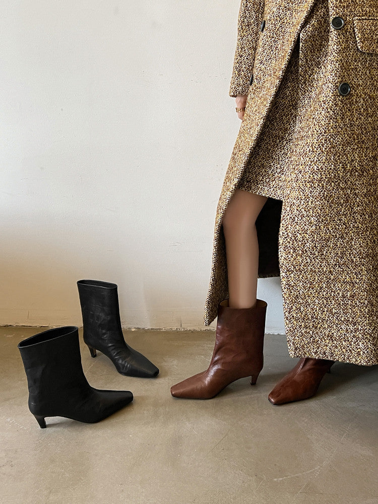 Karin Luna In Stock Spot Goods Top Layer Stone Pattern Cowhide Textured Small Square Toe Straight Short Boots