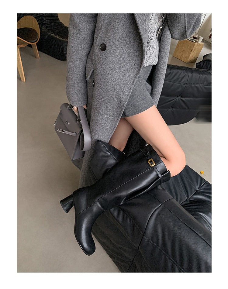 Karin Luna In Stock In Stock Mango Head Large Tube Belt Buckle Chunky Heel Long Boots