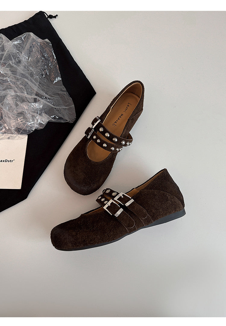 Karin Luna Hot Item Hot Item Punk Style One-Strap Round-Toe Suede Leather Height-Increasing Flats