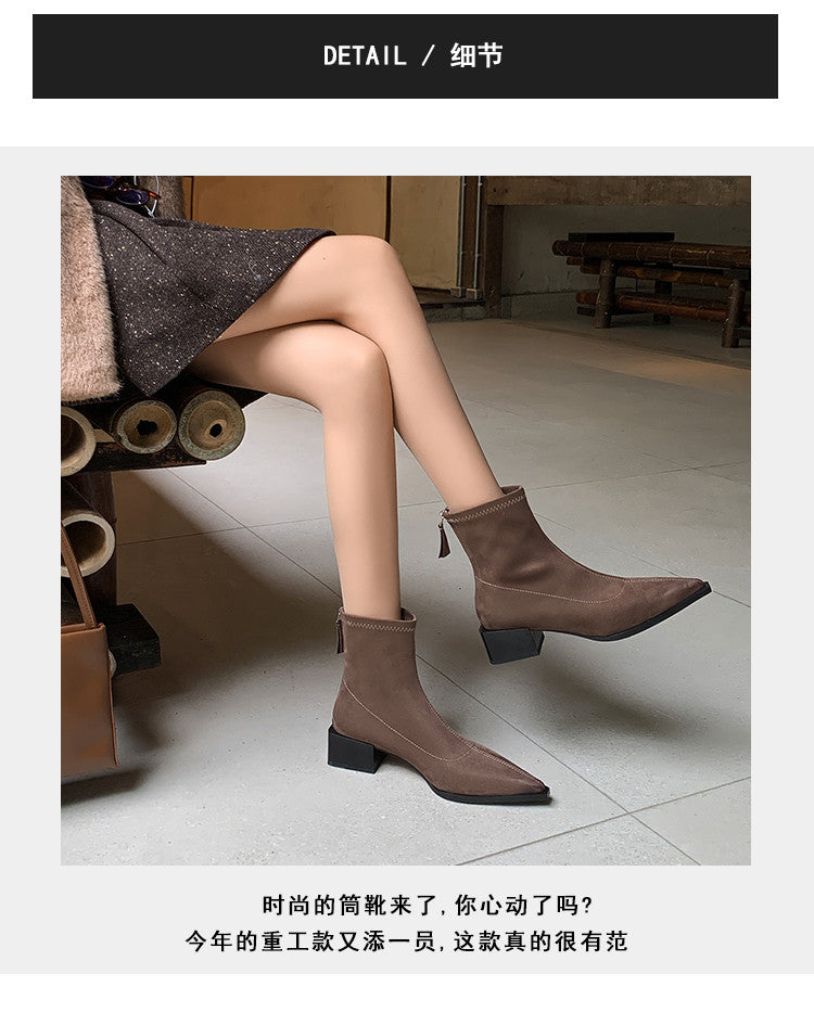 Karin Luna In Stock In Stock Elastic Slim Pointed Toe Chunky Heel Basic Ankle Boots