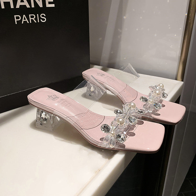 Karin Luna In Stock Spot Goods  Always in stock Square Toe Sweet Rhinestone Crystal Heel Slippers