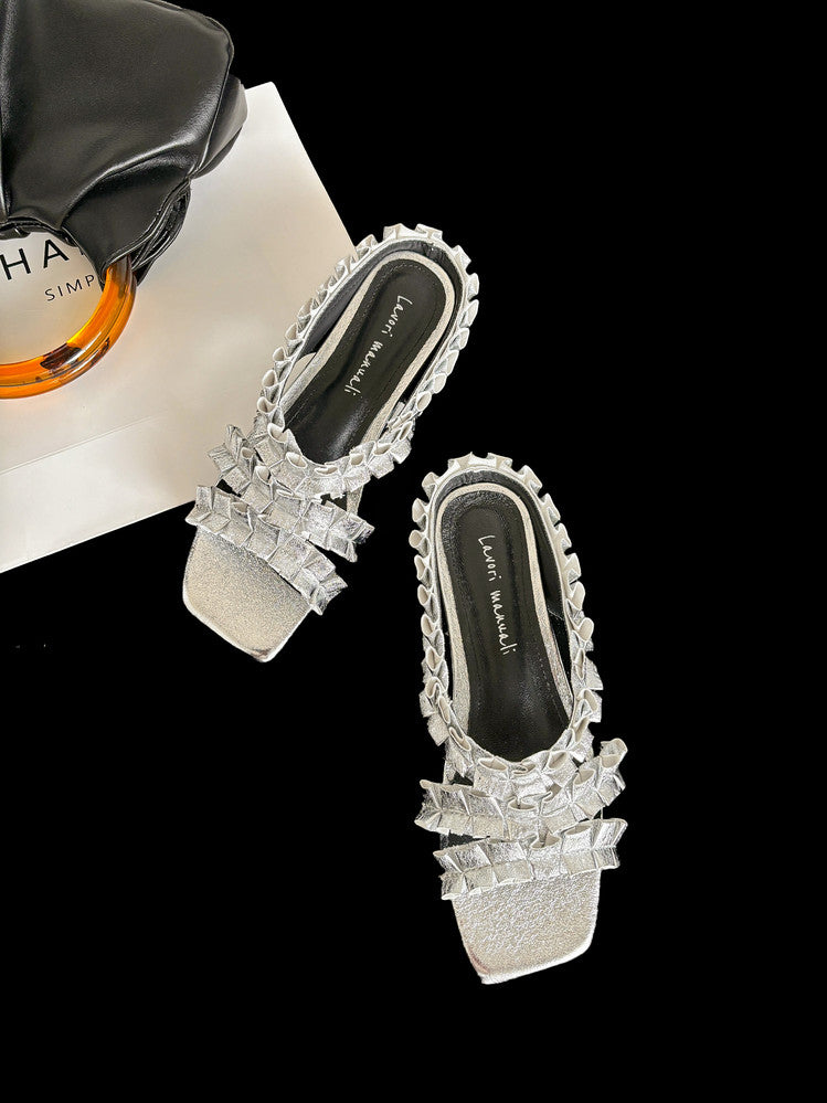 Karin Luna In Stock   Spot Goods  Niche Design Square-Toed Pleated Flat Slippers