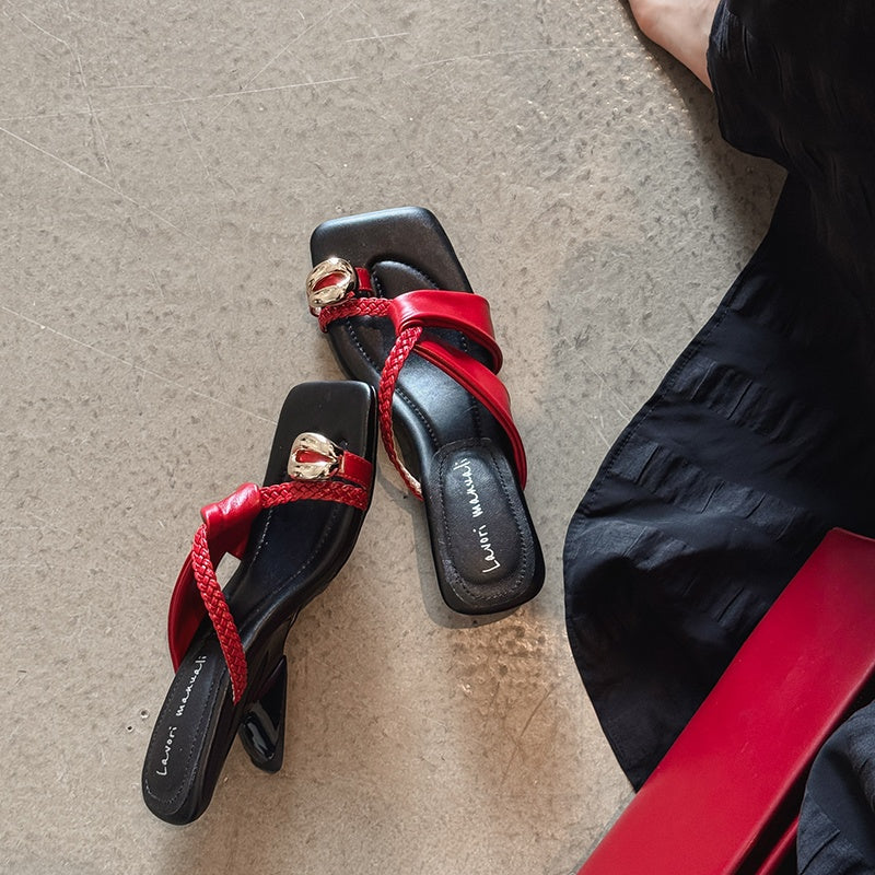 Karin Luna Braided Style ~Cross Strap Square Toe Irregular Heel Slippers