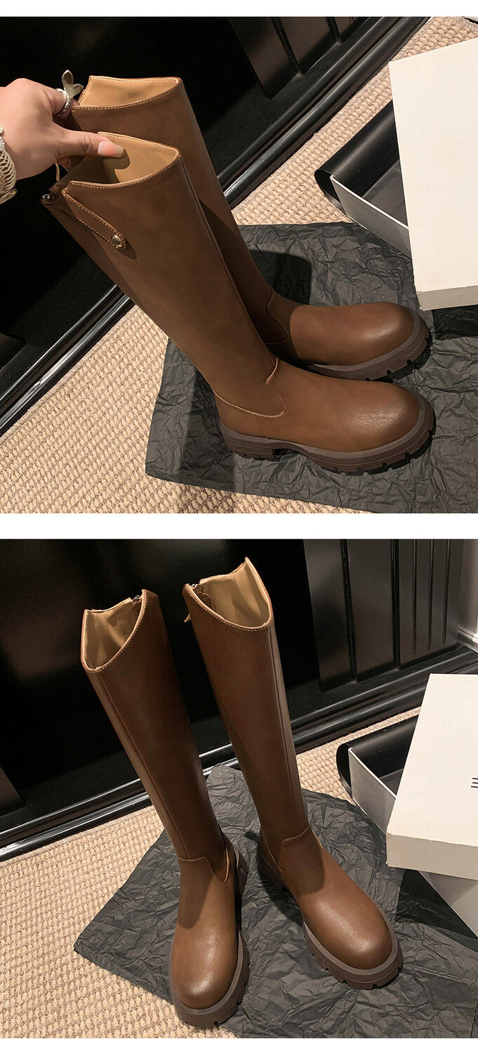 Karin Luna Hot-Selling In Stock   Basic Casual Hot-Selling Round-Toe Long Boots Full Cowhide Leather Long Boots Flat Bottom Hot Sale