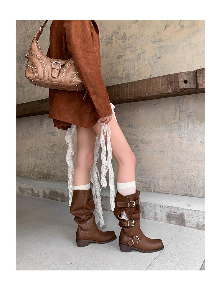 Karin Luna In Stock In Stock European and American Style Square Toe Thick Sole Belt Buckle Long Boots