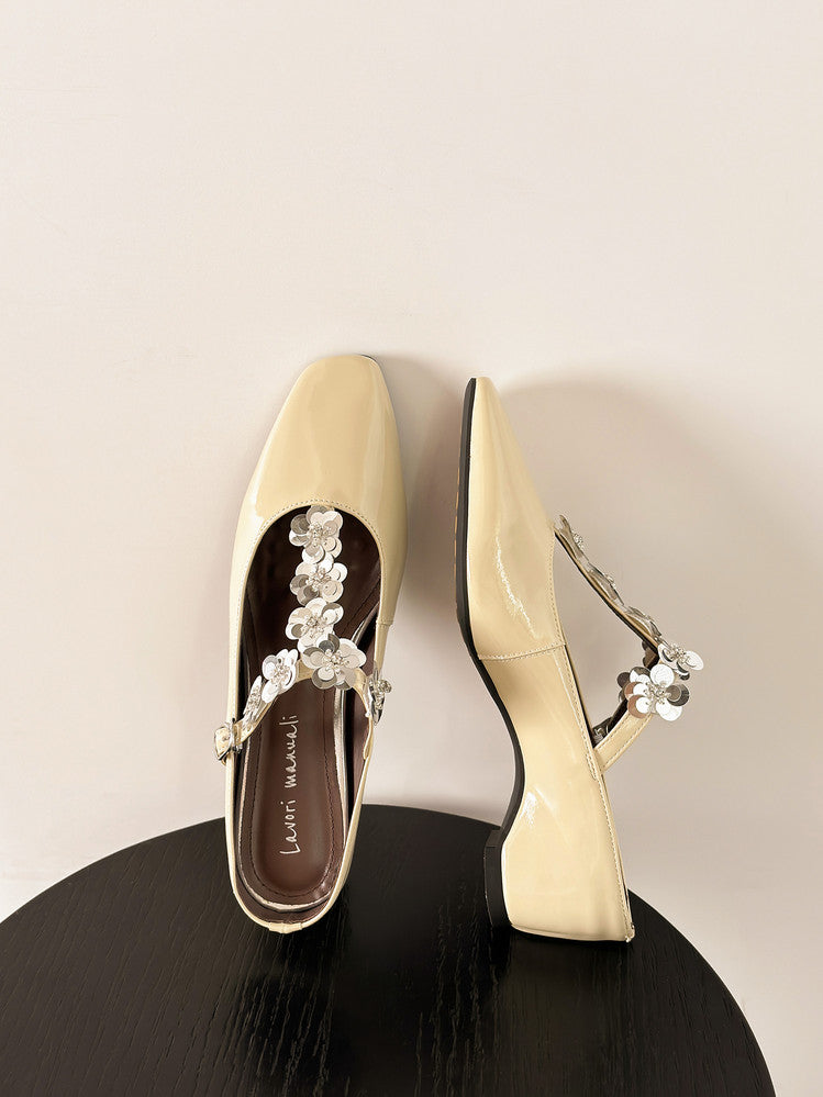 Karin Luna In Stock Spot Goods  T Handmade Sequin Flower Square Toe Height-Increasing Closed-Toe Slippers