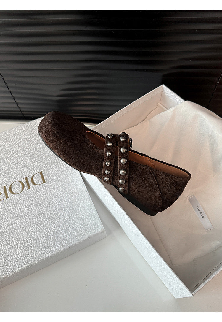 Karin Luna Hot Item Hot Item Punk Style One-Strap Round-Toe Suede Leather Height-Increasing Flats