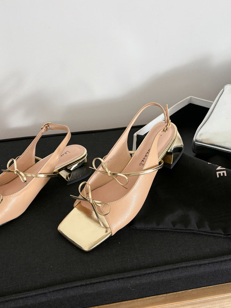 Karin Luna In Stock Spot Goods Square Toe Double Bow Thick Heel Sandals