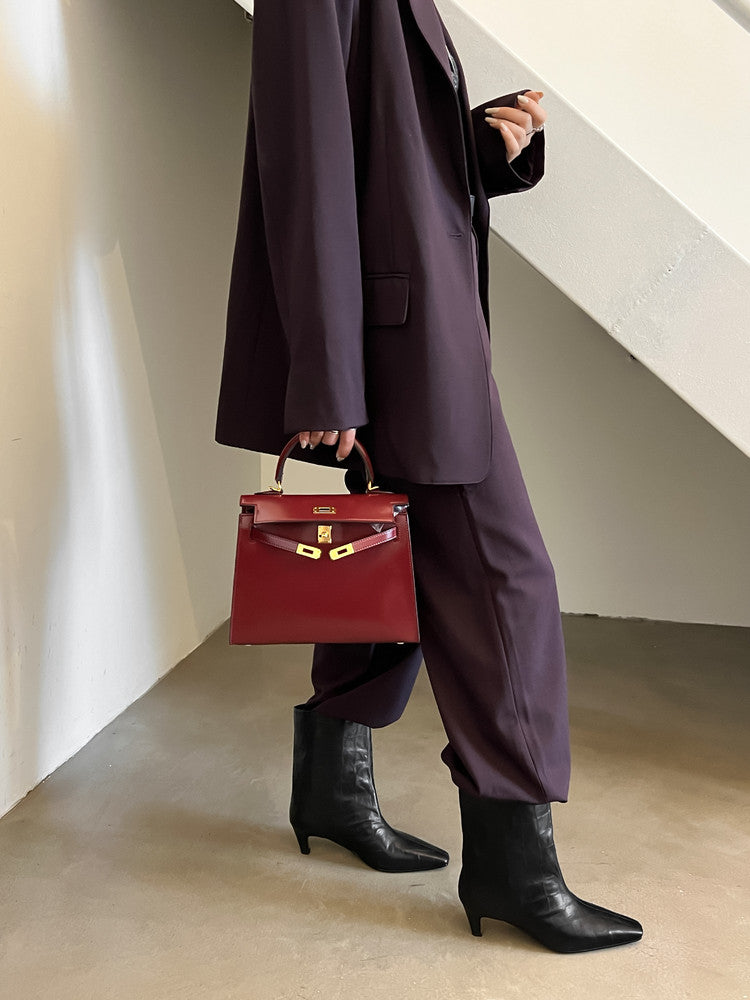 Karin Luna In Stock Spot Goods Top Layer Stone Pattern Cowhide Textured Small Square Toe Straight Short Boots
