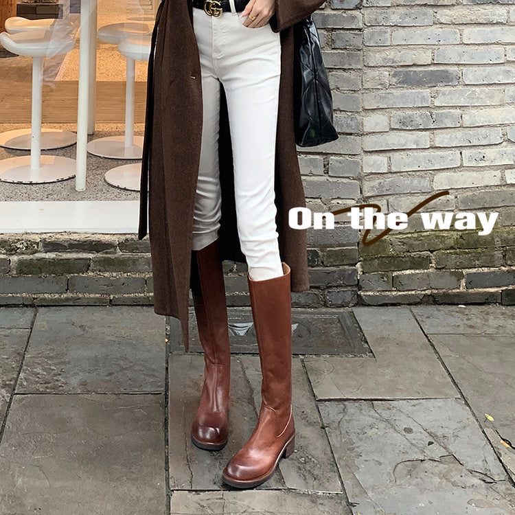 Karin Luna Basic Versatile Style Round Toe Chunky Heel Long Boots